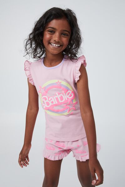 Stacey Flutter Short Sleeve Pyjama Set Licensed, LCN MAT MARSHMALLOW PINK/BARBIE STARS