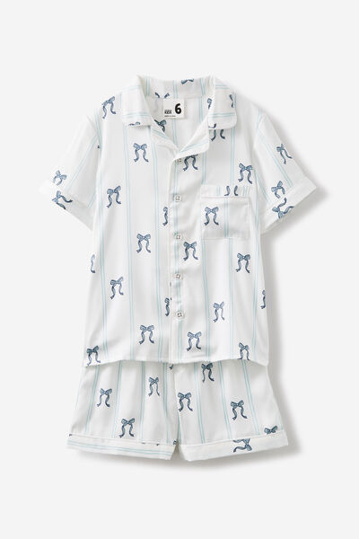 Casey Short Sleeve Pyjama Set, BARBER BLUE/STRIPE BOWS