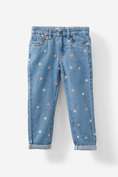 India Mom Jean, FADED VINTAGE WASH/FLORAL EMBROIDERY