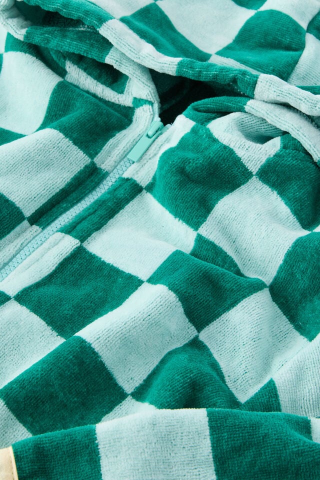 Kids Zip Thru Hooded Towel, ENGLISH IVY/SEAGLASS CHECKERBOARD