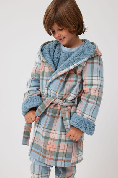 Flannel Sherpa Hooded Boys Long Sleeve Gown, DUSTY BLUE CHECK