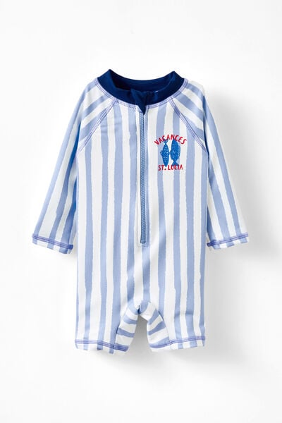 Baby Long Sleeve All In One Swimsuit, DAWN BLUE/VACANCES STRIPE