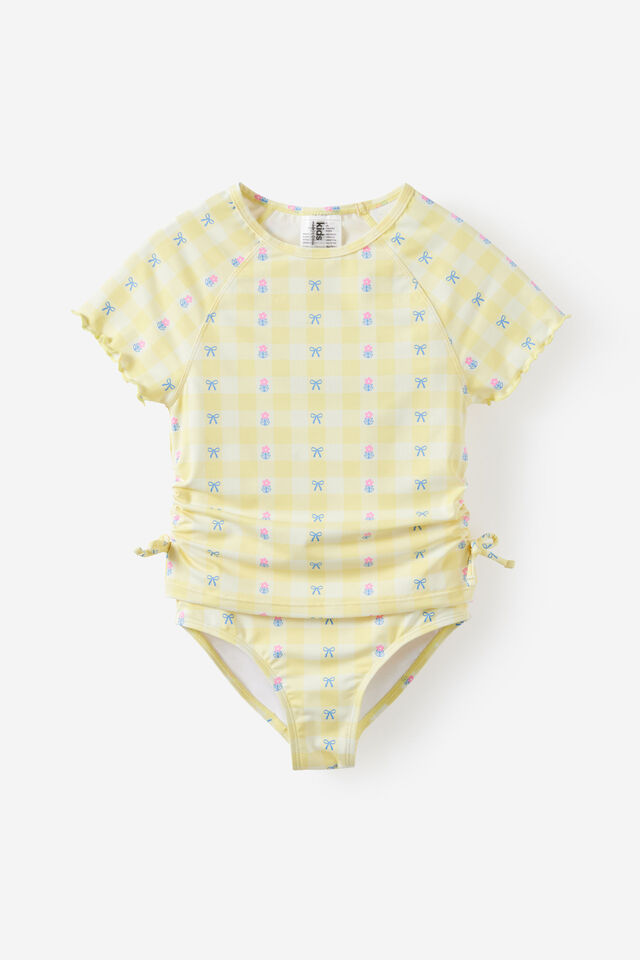 Florence S/S Rashie And Bikini Bottom Set, BABY YELLOW/FLORAL GINGHAM