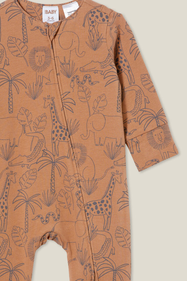 The Long Sleeve Zip Romper, TAUPY BROWN/JUNGLE FRIENDS
