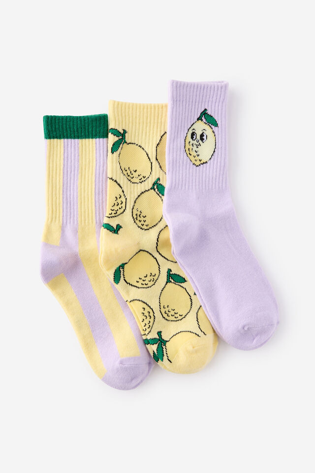 Kids 3Pk Crew Socks, VINTAGE LILAC/BABY YELLOW LEMON