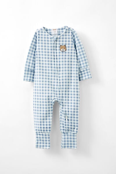 The Billie Long Sleeve Zip Romper, DUSTY BLUE/GINGHAM BEAR