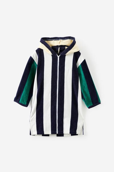 Kids Zip Thru Hooded Towel, SQUID INK/CONTRAST STRIPES