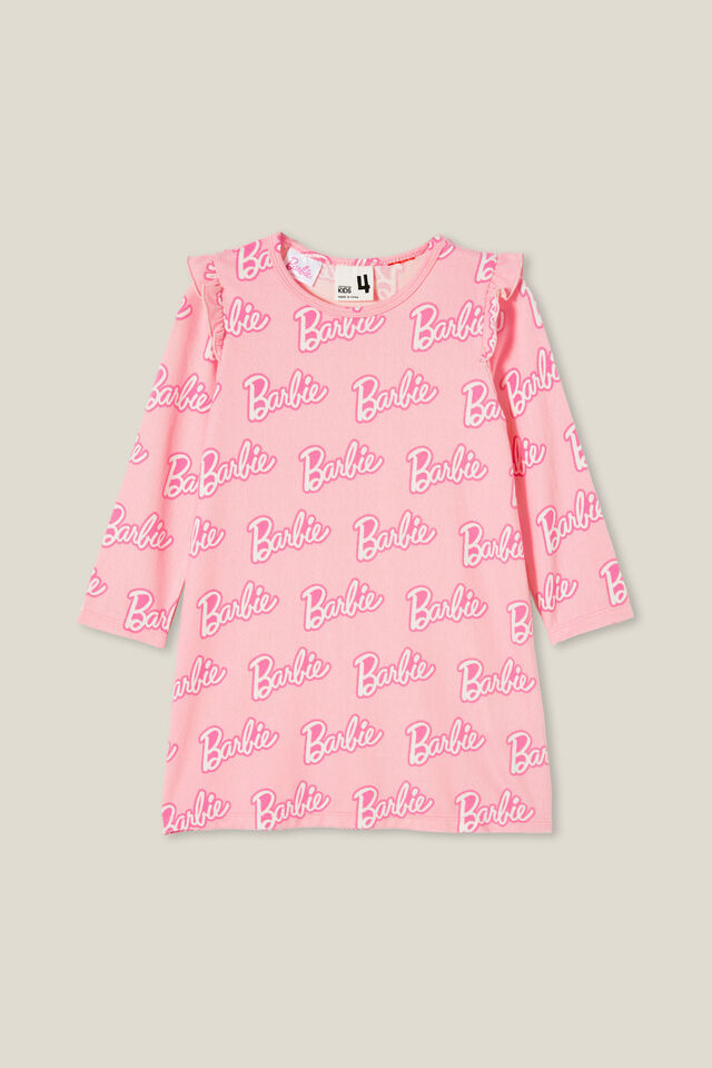 Barbie Maddi Long Sleeve Flutter Nightie, LCN MAT BLUSH PINK/BARBIE SCRIPT