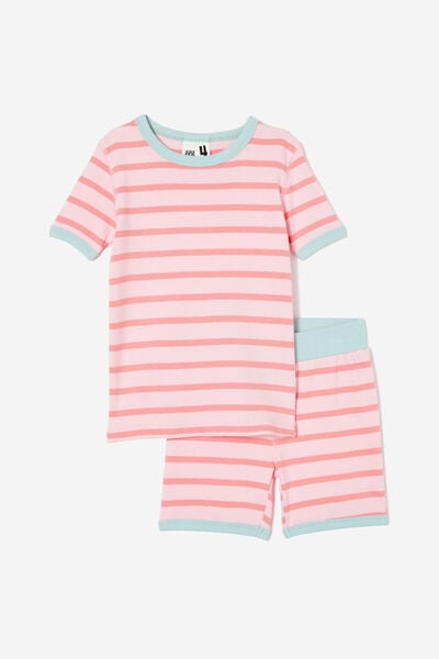 Talia Short Sleeve Pyjama Set, MARIAN STRIPE BLUSH PINK/ ORANGE CORAL