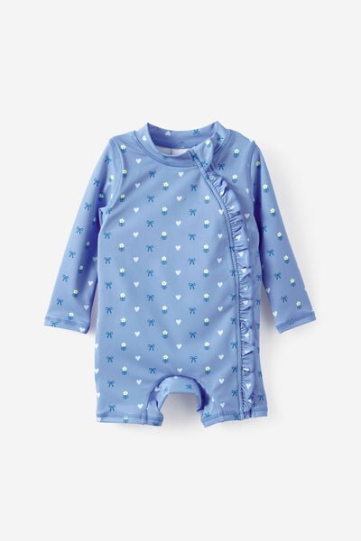 Baby Long Sleeve Ruffle All In One Swimsuit, BLUE BONNET/LOVELY DITSY