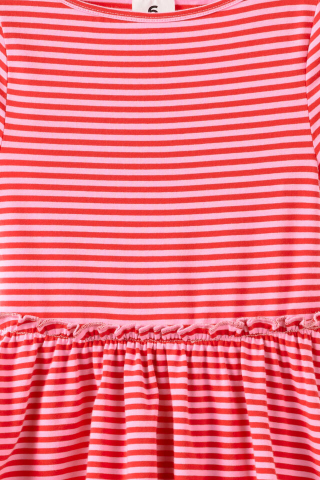 Boat Neck Frill Short Sleeve Dress, VARSITY RED/STRAWBERRY MILK STRIPE