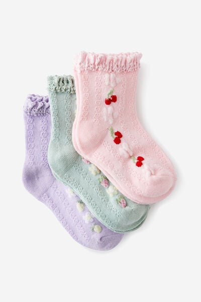 Kids 3Pk Mid Crew Socks, BLUSH PINK CHERRIES/VINTAGE LILAC LEMONS/BARB