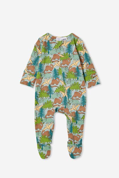 The Long Sleeve Zip Romper, STONE GREEN/DINO FOREST