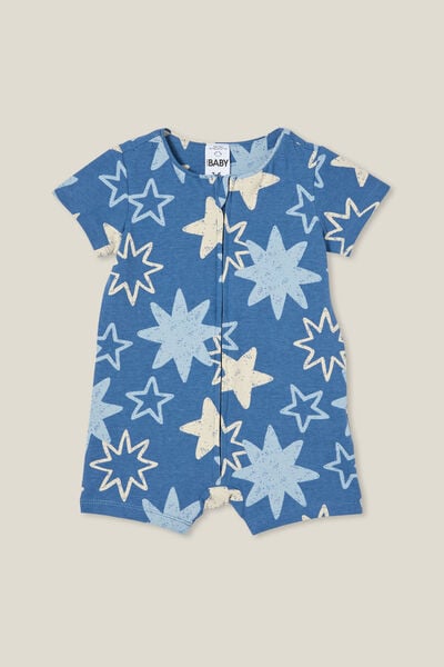 The Billie Short Sleeve Zip Romper, PETTY BLUE/SKETCHY STARS