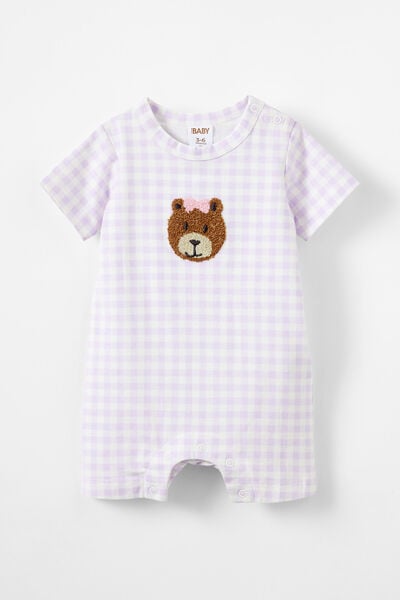 The Short Sleeve Romper, VINTAGE LILAC/GINGHAM BEAR