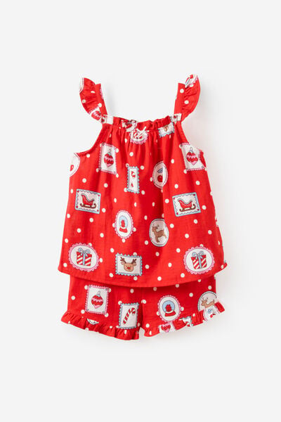 Kids Babydoll Family Xmas Pj Set, VARSITY RED/RUDOLPH SPOT