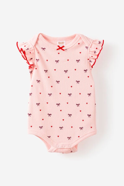 Organic Pointelle Flutter Bubbysuit, POP PINK/BOWS & HEARTS