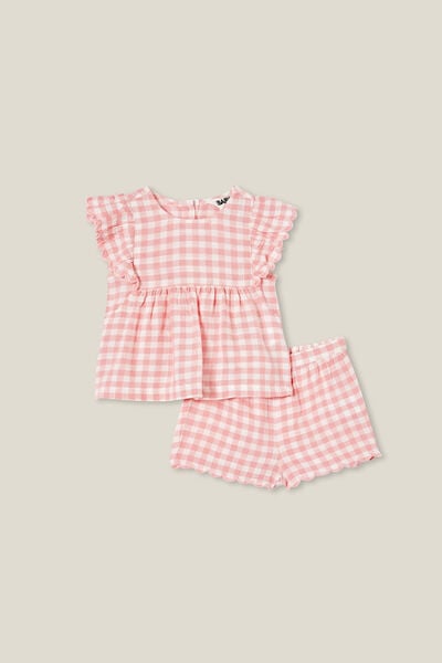 Bessy Flutter Sleeve Top And Short Set, CORAL DREAMS/VANILLA BENNY GINGHAM