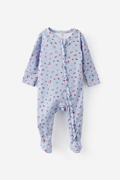 Littlie Organic Long Sleeve Zip Romper, BLUEBELL/LITTLE BLOSSOM