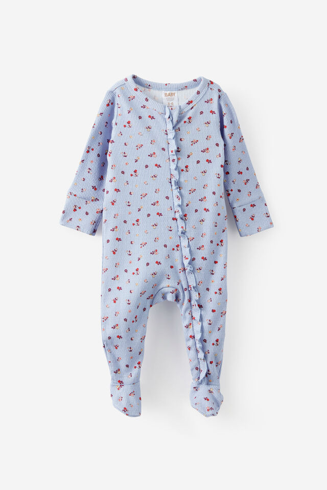 Littlie Organic Long Sleeve Zip Romper, BLUEBELL/LITTLE BLOSSOM