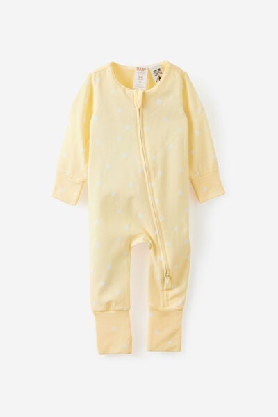 Growie Long Sleeve Zip Romper, LEMON SQUASH/POLKA DOT