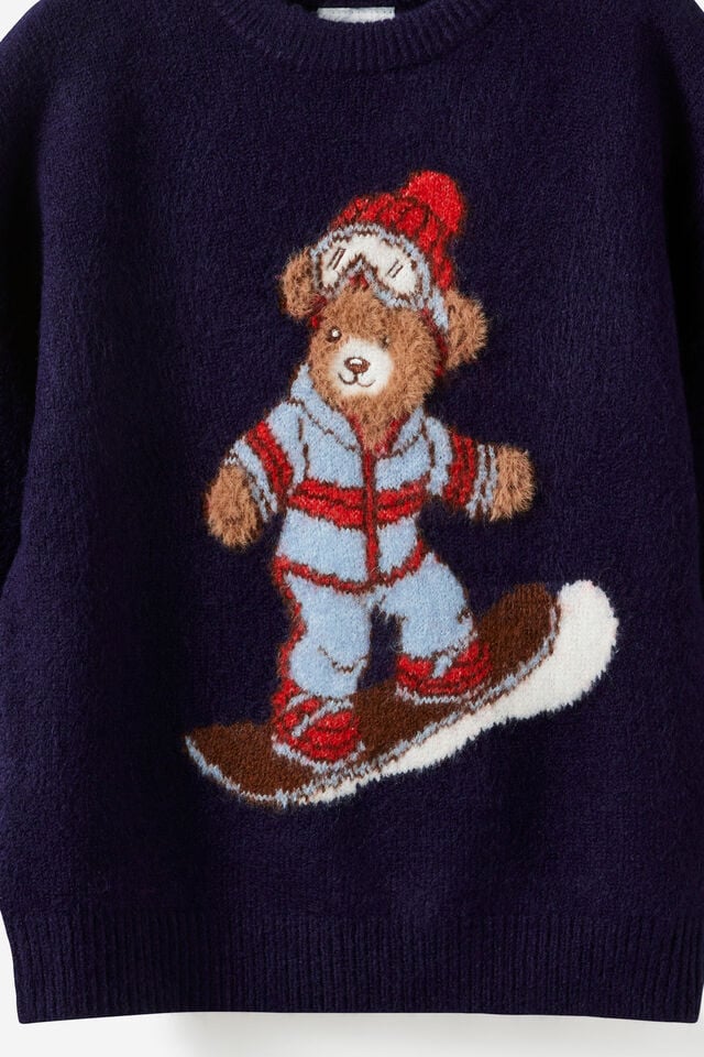 Boys Cosy Crew Neck Sweater, DENIM NAVY/SNOWBOARD BEAR