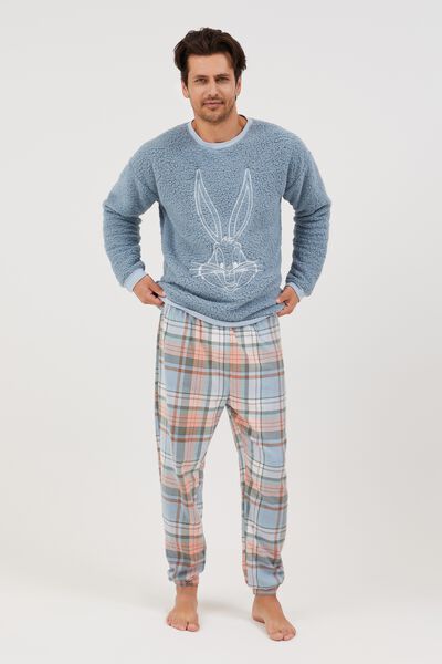Ryann Adults Unisex Pyjama Set Licensed, LC WB DUSTY BLUE/BUGS BUNNY CHECK