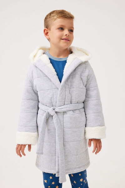 Boys Hooded Long Sleeve Quilted Gown, FOG GREY MARLE/VANILLA CONTRAST
