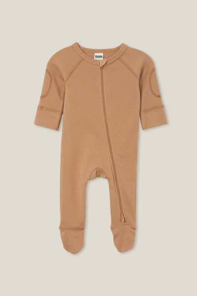 The Long Sleeve Waffle Romper Usa, TAUPY BROWN