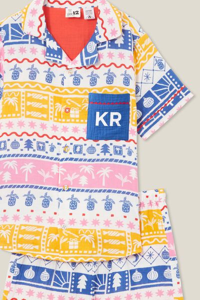 Rylee Kids Cc Short Sleeve Pyjama Set Personalised, VANILLA/TROPICAL FAIRISLE