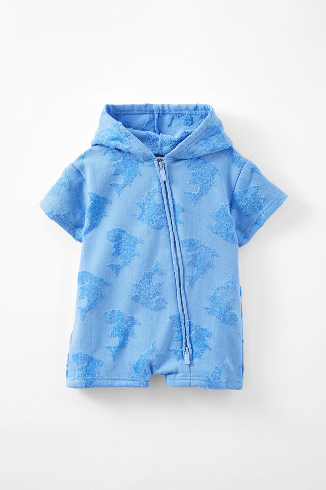 Baby Hooded Towel Romper, DUSK BLUE/JACQUARD SHARKS