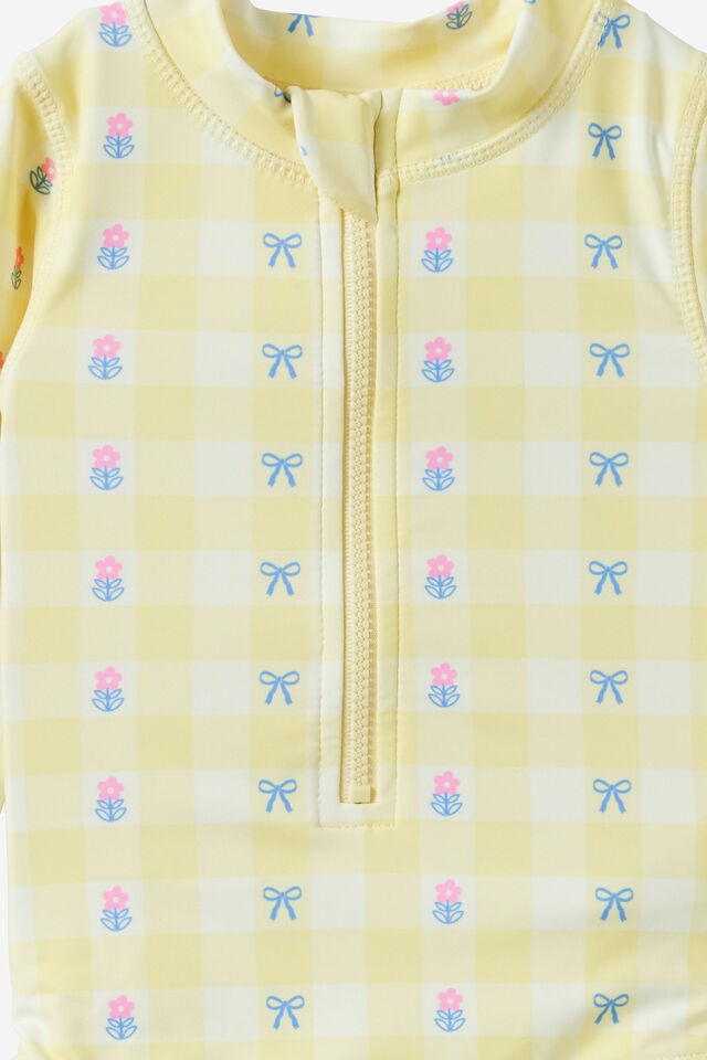 Lucy Long Sleeve Ruffle Back Swimsuit, LEMON SQUASH/FLORAL GINGHAM