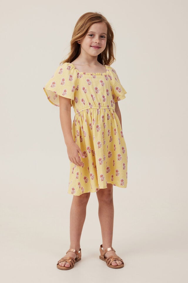 Paige Short Sleeve Dress, RAFFIA/FLORA FLOWER STAMP