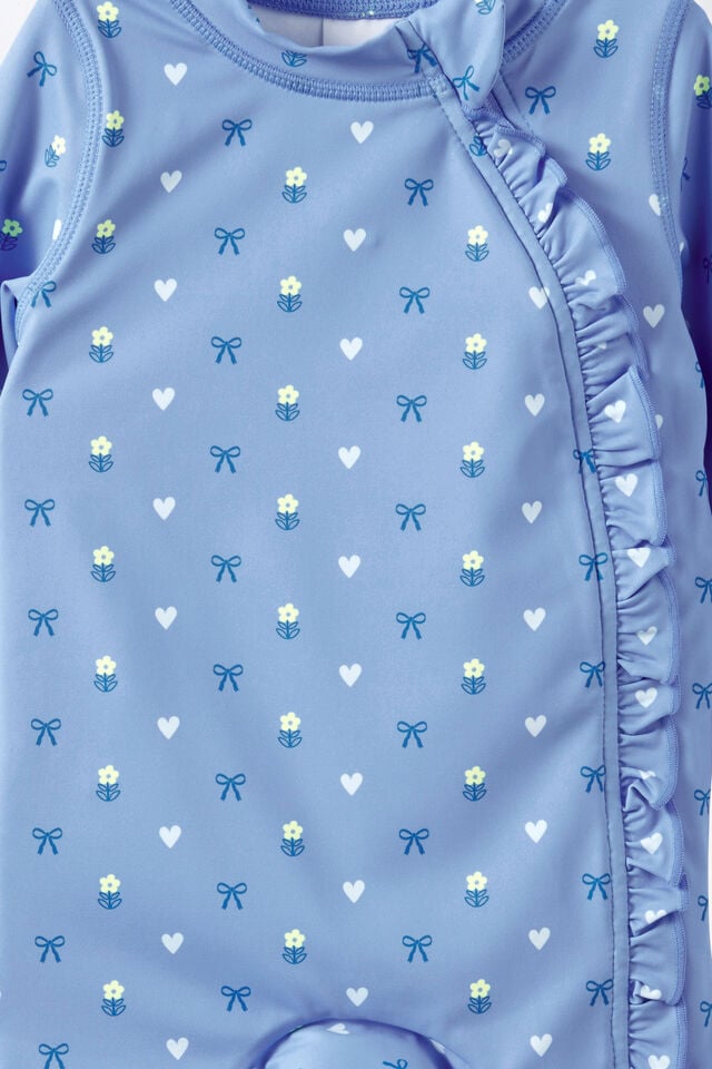 Baby Long Sleeve Ruffle All In One Swimsuit, BLUE BONNET/LOVELY DITSY