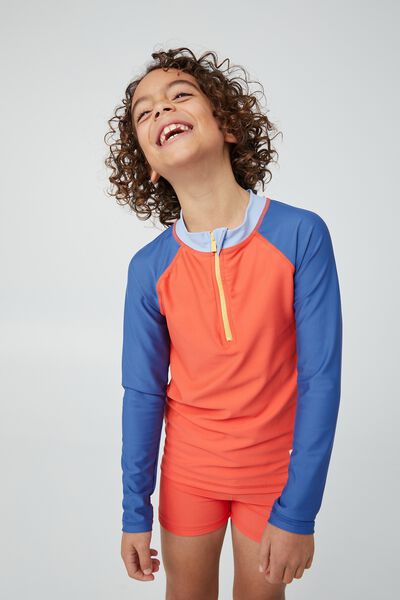 Camiseta Moda Praia - Flynn Long Sleeve Zip Thru Rash Vest, RED ORANGE/RETRO BLUE SPLICE