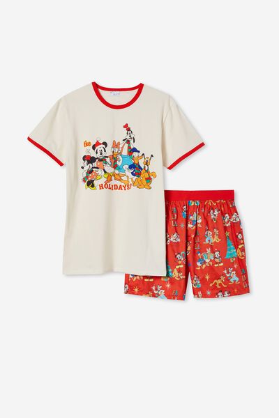 Peyton Adults Short Sleeve Pyjama Set Licensed, LCN DIS DARK VANILLA/MICKEY HAPPY HOLIDAYS