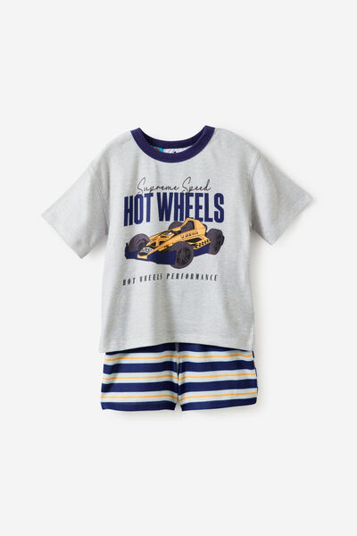 Snoozesoft Short Sleeve Boxer Pj Set License, LCN MAT DENIM NAVY/HOT WHEELS
