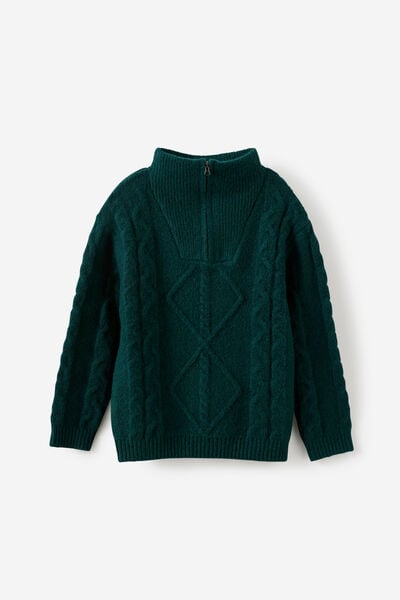 Boys Cable Knit 1/4 Zip, WINTER JADE
