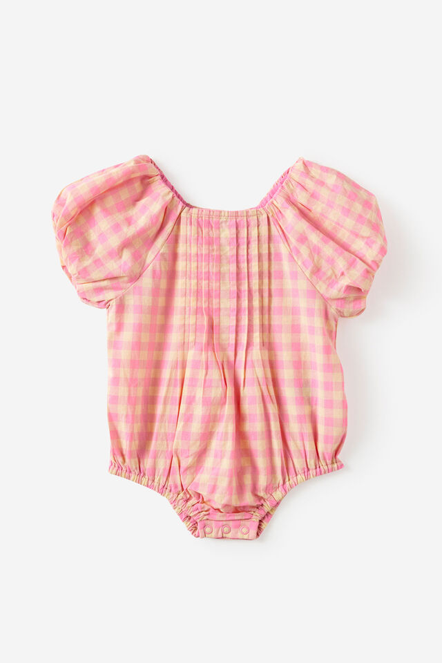 Baby Woven Raglan Bubbysuit, BABY YELLOW/PINK GINGHAM