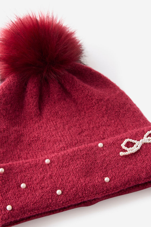 Kids Knitted Embellished Beanie, BERRY JAM/BOW