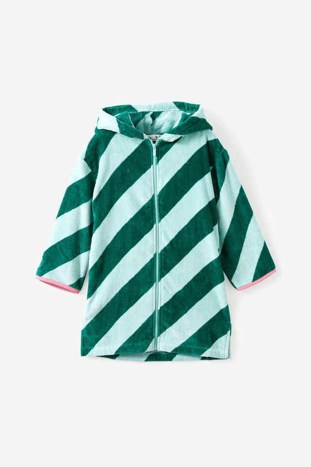 Kids Zip Thru Hooded Towel, SEAGLASS/ENGLISH IVY DIAGONAL STRIPE