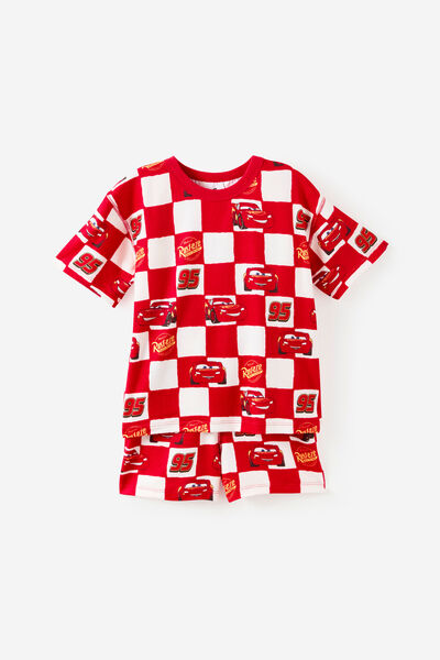 Snoozesoft Short Sleeve Boxer Pj Set License, LCN DIS VARSITY RED/LIGHTNING MCQUEEN CHECKS