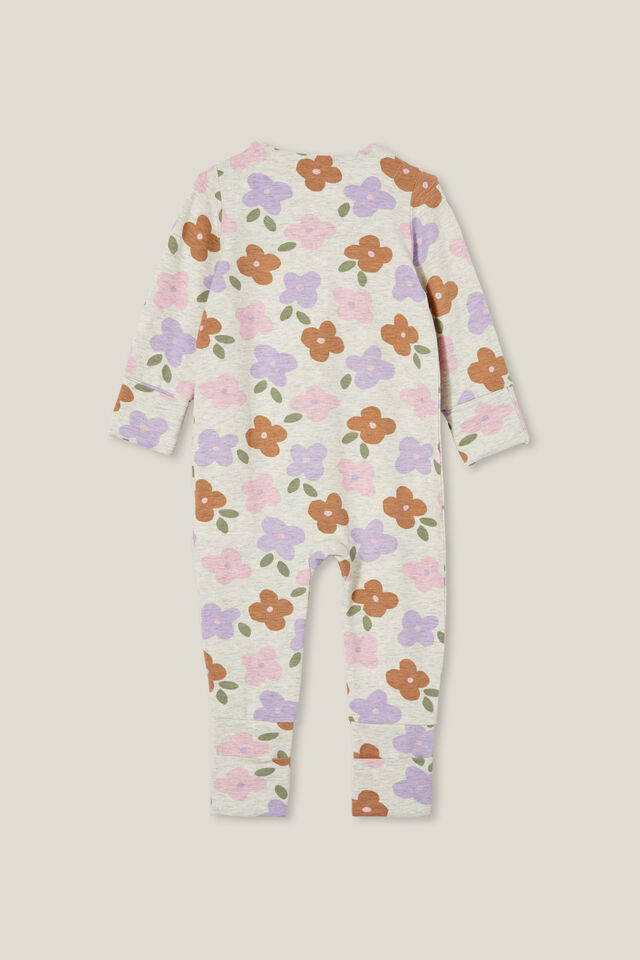 The Long Sleeve Zip Romper, OATMEAL MARLE/POPPY FLORAL