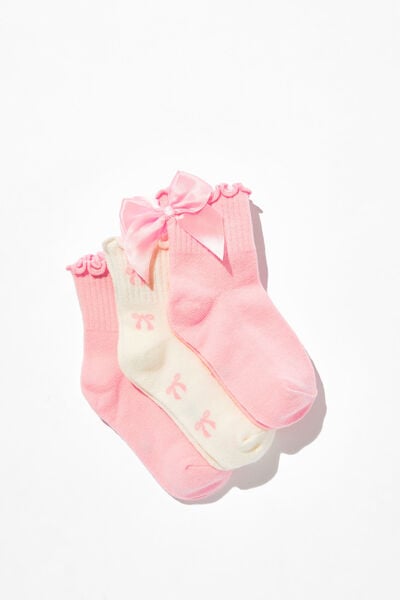 Kids 3Pk Mid Crew Socks, BLUSH PINK/SATIN BOW/BOW YARDAGE