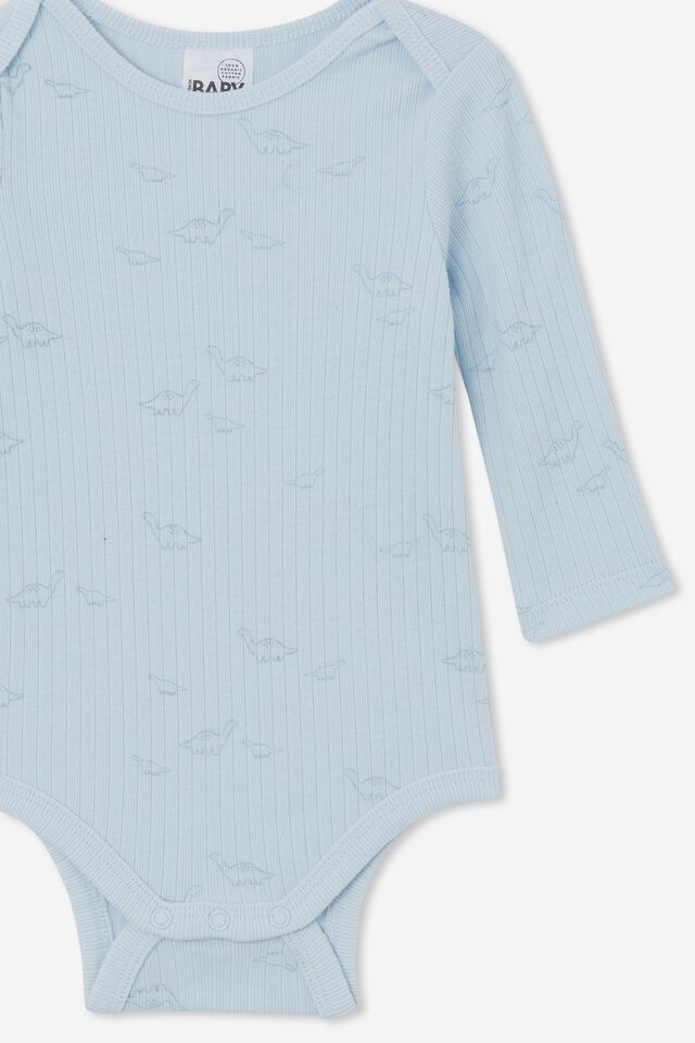 Organic Newborn Long Sleeve Bubbysuit, FROSTY BLUE/BABY DINO