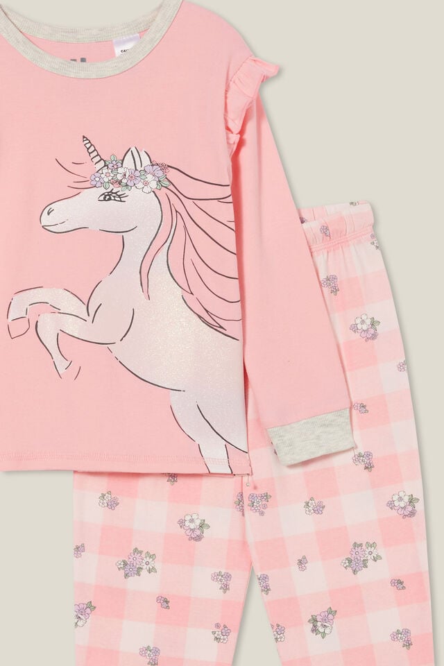 Ava Long Sleeve Pyjama Set, CORAL DREAMS/AVA UNICORN DITSY GINGHAM