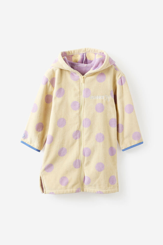 Kids Zip Thru Hooded Towel - Personalised, BUTTER YELLOW/VINTAGE LILAC SPOT