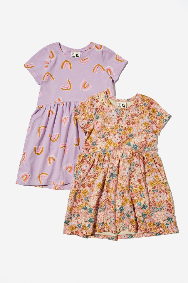 Girls Multipack Short Sleeve Dresses 2 Pack, LILAC RAINBOW BUNDLE