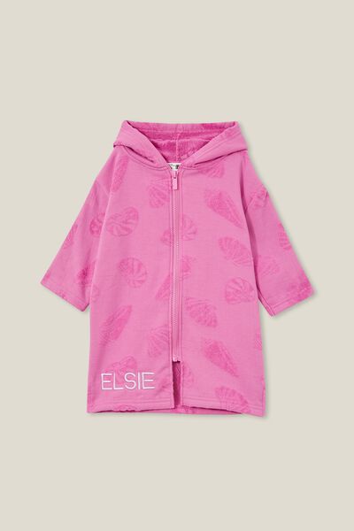 Baby Zip Through Hooded Towel - Personalised, PINK GERBERA/SEASHELLS