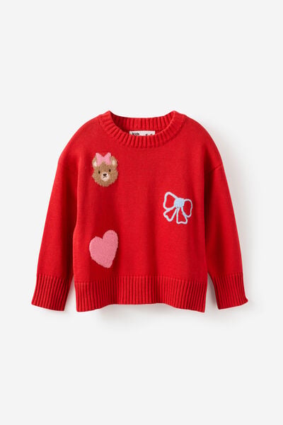 Soft Light Weight Knit Sweater, VARSITY RED/BEAR PLACEMENT
